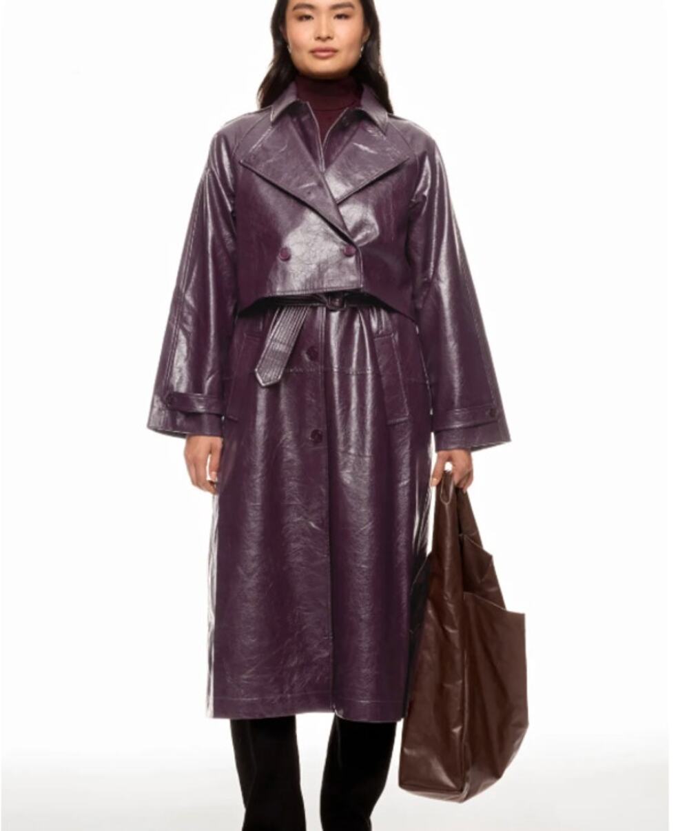Rosetta Getty Plum Faux Leather Trench Coat SMALL Double Breasted Burgundy $555
